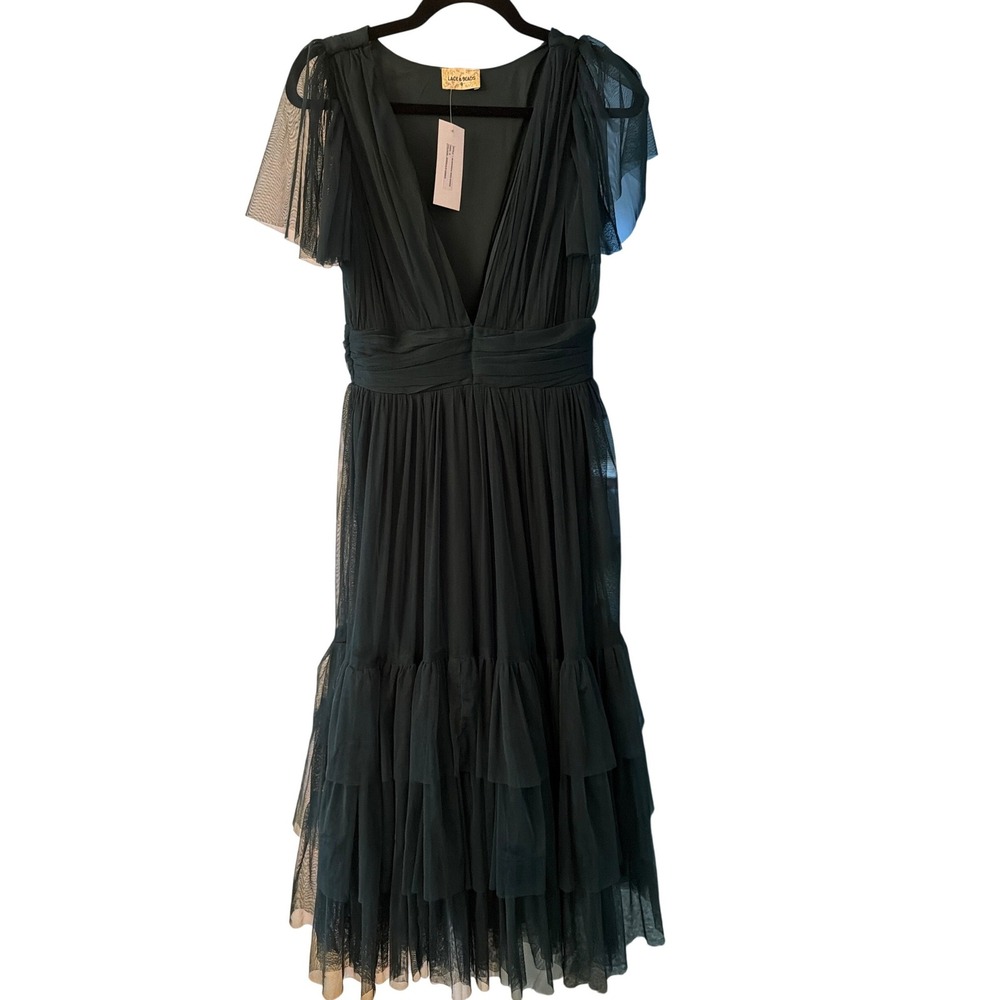 Lace & Beads Maddison Midi Dress Emerald Green Tulle Ruffle V Neck Size 8